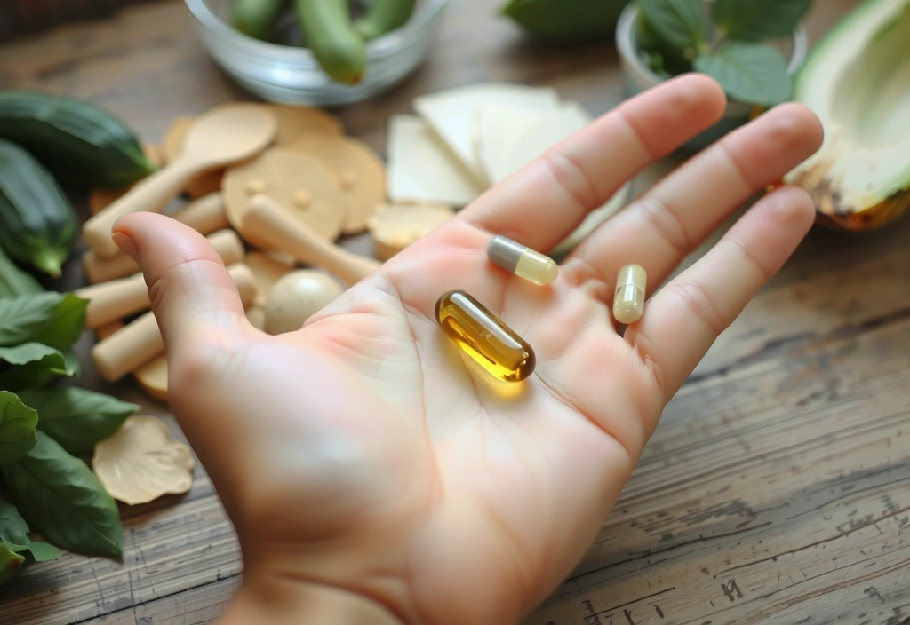 Ręka trzymająca kapsułkę suplementu, z rozmytym tłem ziół i roślin.