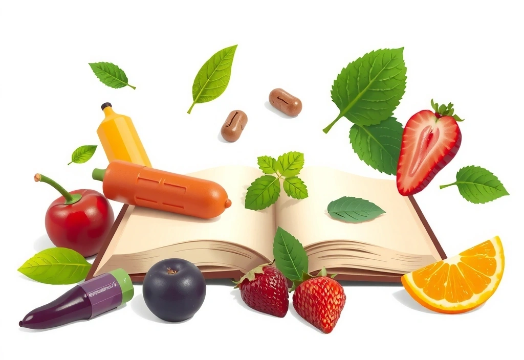 Ilustracja przedstawiająca otwartą książkę z witaminami i minerałami, symbolizująca wiedzę i zdrowie.