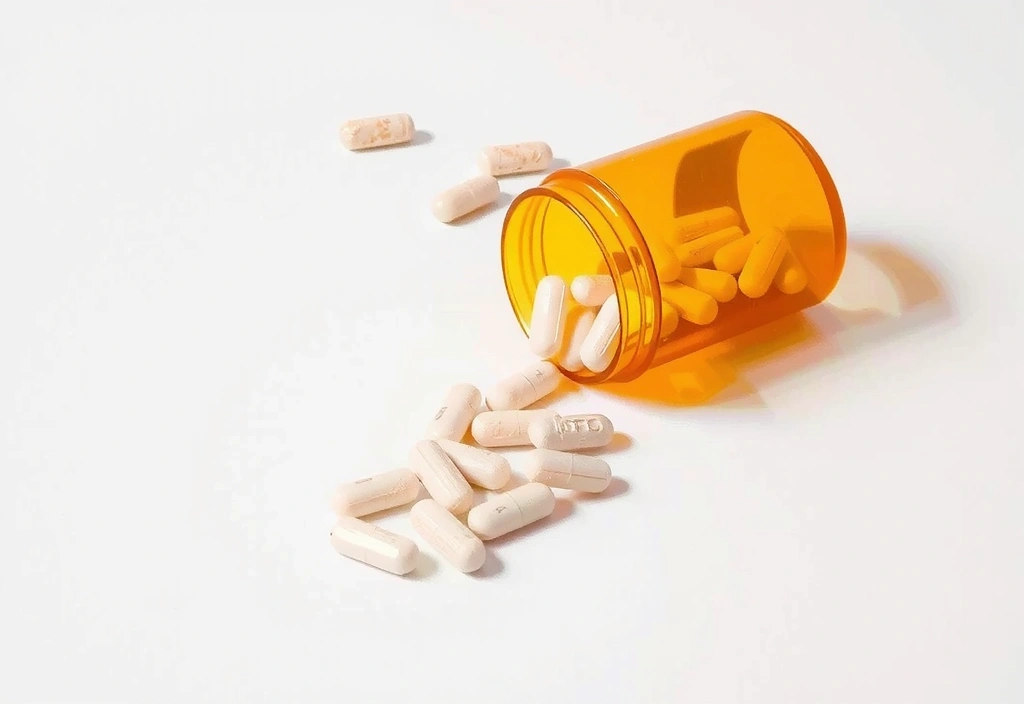 Tabletki magnezu w otwartej butelce z rozlanymi obok