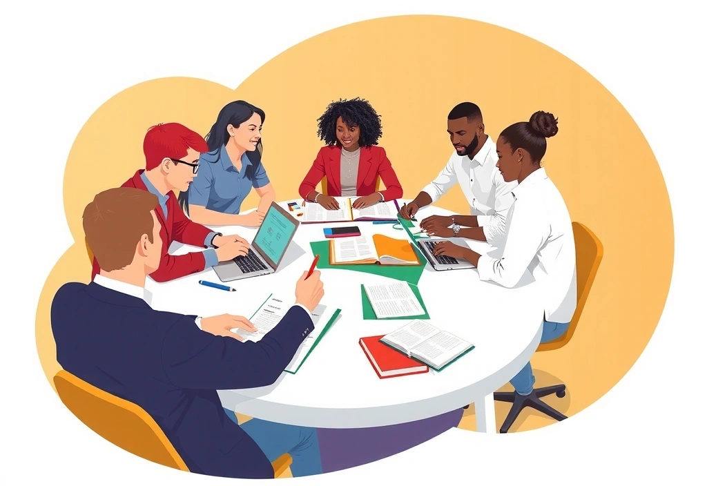 Ilustracja procesu tworzenia treści, przedstawiająca grupę ludzi współpracujących przy tworzeniu artykułów