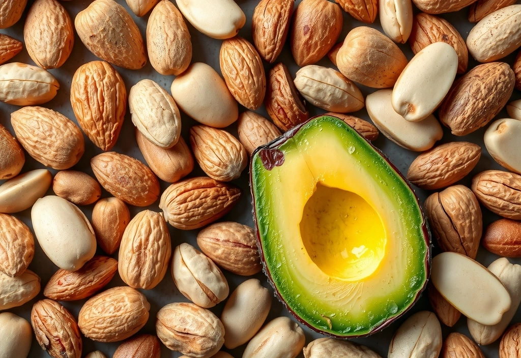 Zdjęcie przedstawiające różne orzechy, nasiona i awokado, bogate w witaminę E.