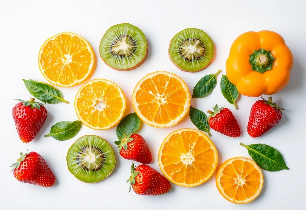 Zdjęcie przedstawiające różnorodne owoce i warzywa bogate w witaminę C, takie jak pomarańcze, kiwi, papryka.