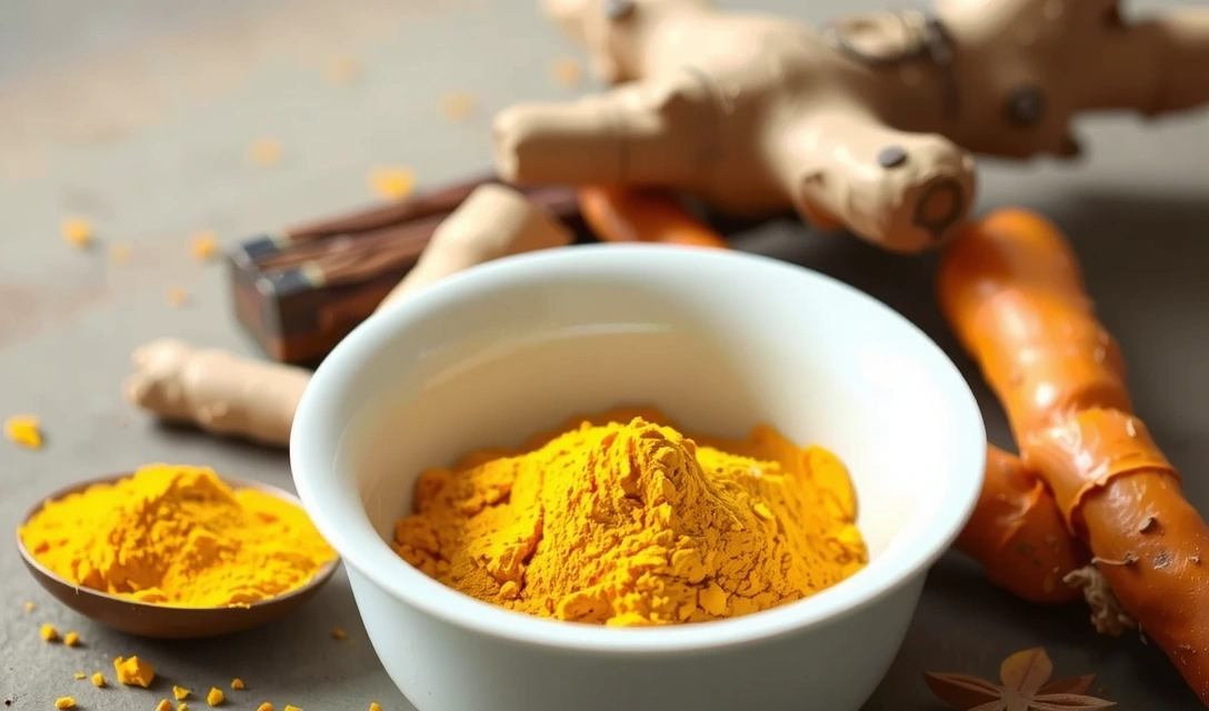 Żółta kurkuma w proszku i korzeń, z imbirem w tle, symbolizujące przeciwzapalne właściwości.