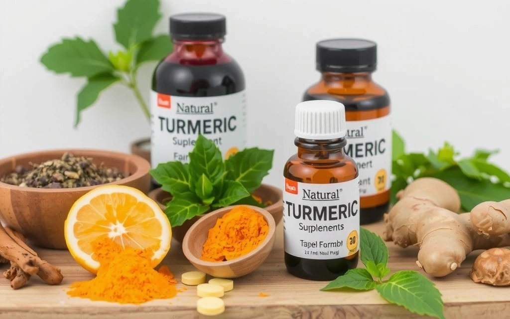 Zioła i naturalne suplementy, takie jak kurkuma i imbir.