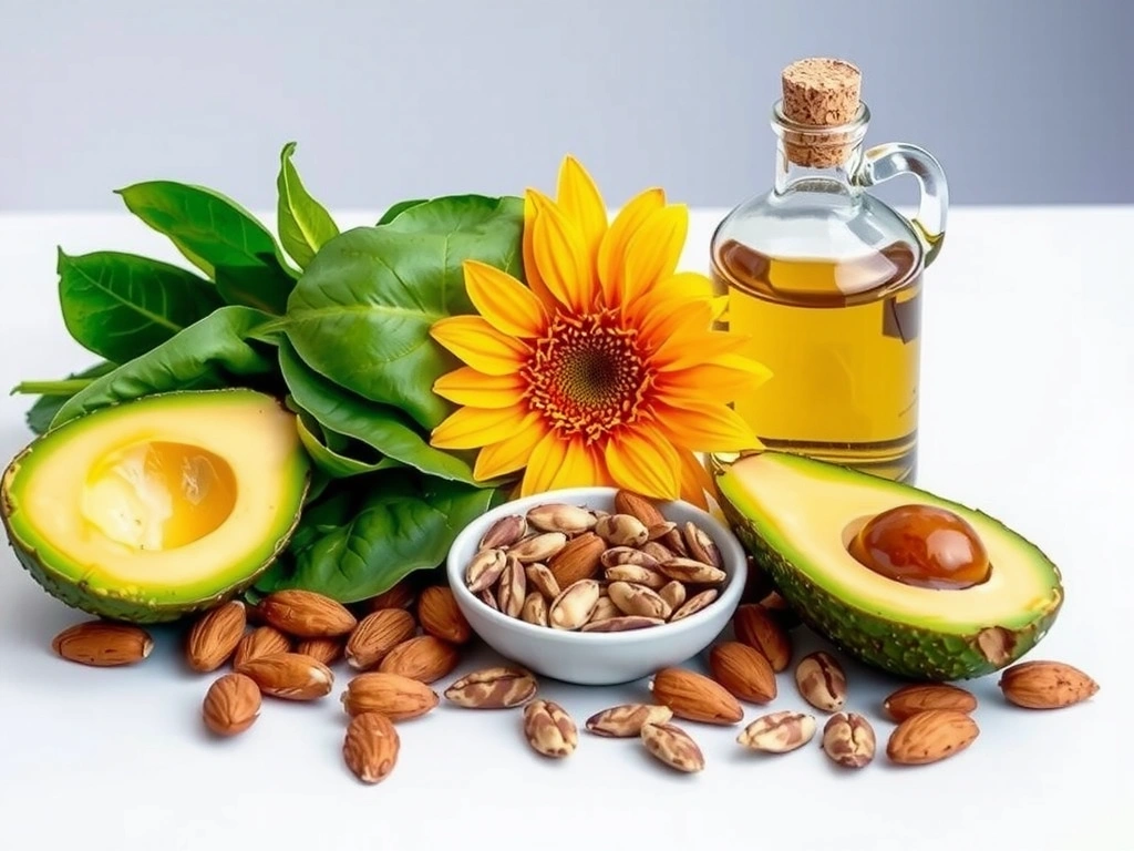 Różnorodne źródła Witaminymineralyzdrowier E, w tym orzechy, nasiona, awokado i oleje roślinne