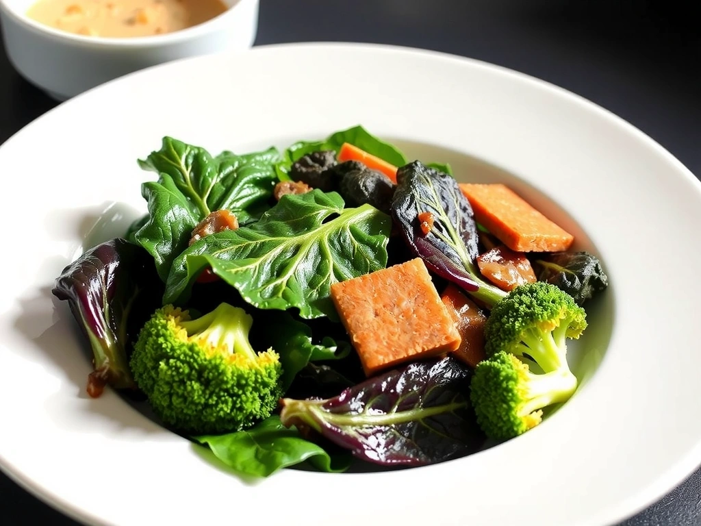 Talerz pełen zielonych warzyw liściastych, takich jak szpinak, jarmuż i brokuły, z dodatkiem natto